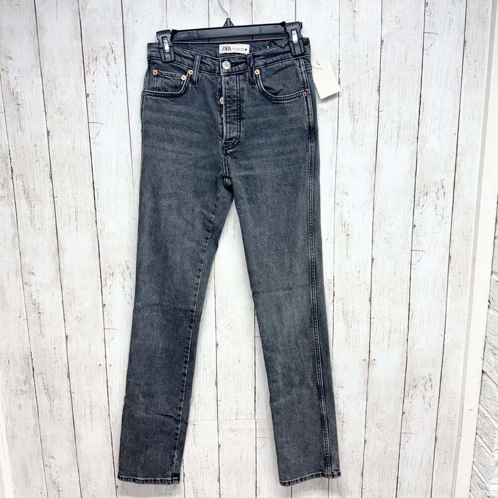 Zara Pants Women Size 2 Washed Black High Rise Straight Denim Jeans Button Fly